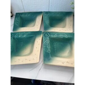 Set of 4 Nautical Beach Themed Ceramic  Dishes Seashell Footprints